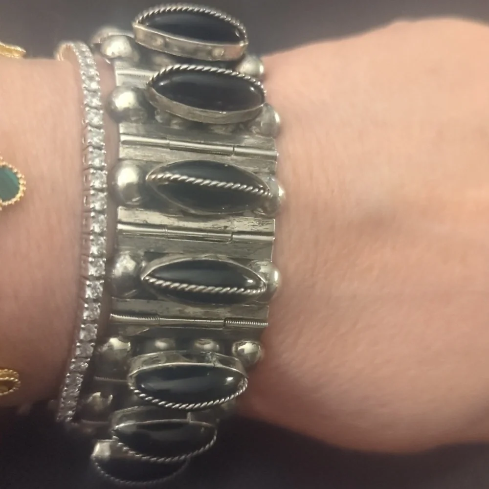 CHUNKY Vintage Mexican Sterling & Onyx Bracelet 1940s Brutalist